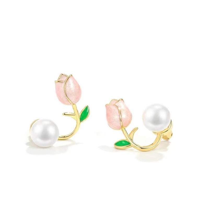 [AYBX] Anting Tulip Merah Muda Anting Tulip Segar Kecil Desain Rasa Kepribadian Sebelum Dan Sesudah Memakai Anting Mutiara Pengharum Tulip