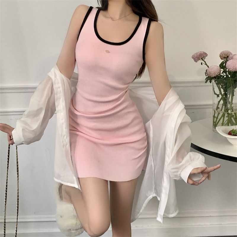 Red Gaya Hong Kong hot girl slim tanpa lengan dress wanita musim panas sayang hit warna tas pinggul rok rompi ketat pink dress