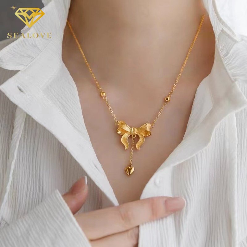 Busur Emas Pita Lucu Cantik Kalung Titanium Wanita Anti Karat Emas 18K Perhiasan Wanita Fashion Korea