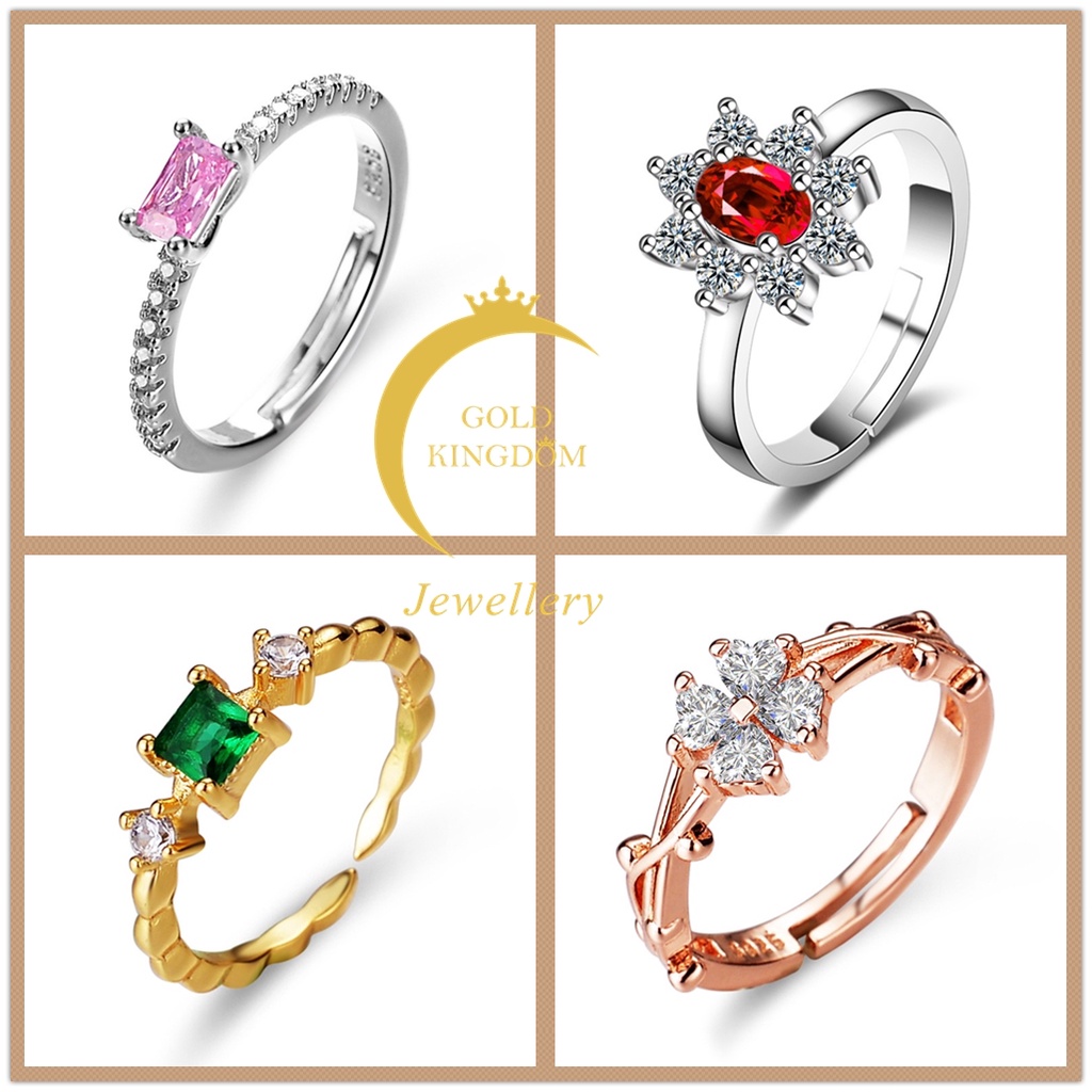 Goldkingdom Aksesoris Perhiasan Fashion Ready Stock 50desain Cincin Perak925Asli Perak Perempuan Wanita Lapis Emas Emerald with Diamond Ring Adjustable Rings