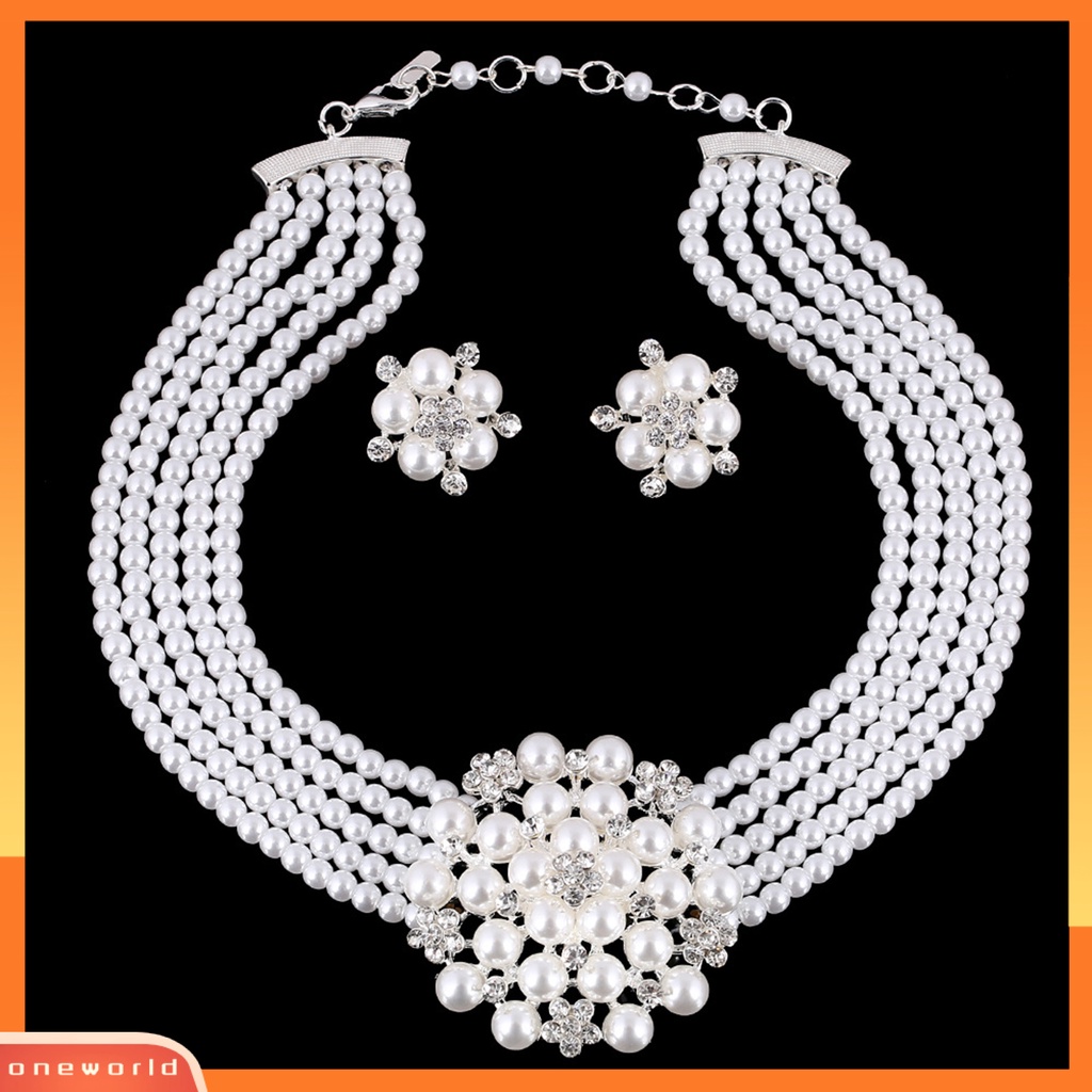 [ONE] 1set Kalung Anting Set High Gloss Mengkilap Terang Kilau Diikat Manik-Manik Mutiara Imitasi Bunga Pernikahan Pengantin Kalung Anting Perhiasan Hadiah