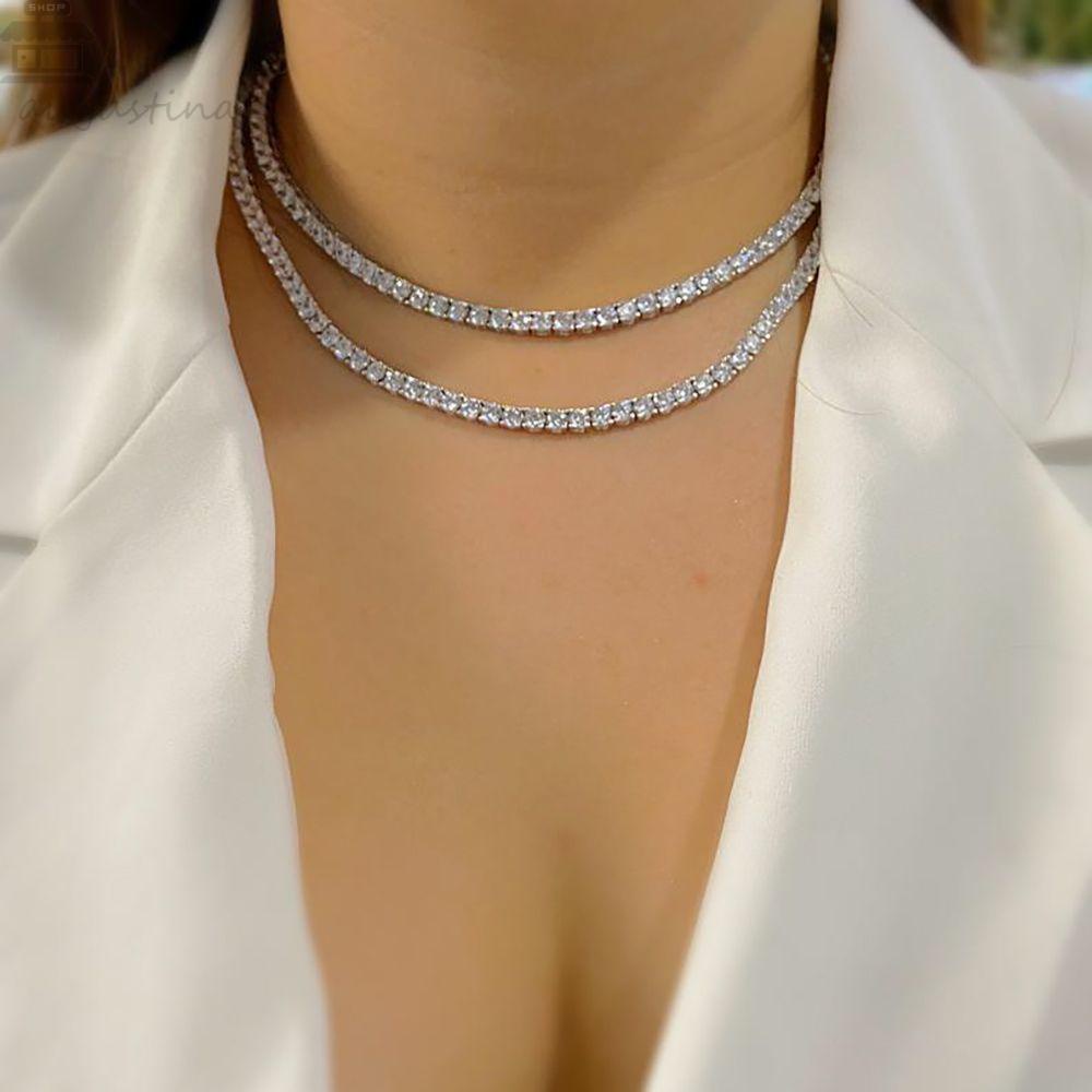 Kalung Berlian Imitasi Baris Agustina Elegan Mengkilap Untuk Wanita Korea Pria Hip Hop Fashion Perhiasan