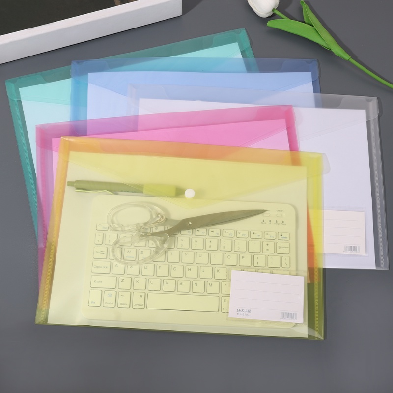 5 Pcs Transparan Tahan Air Tahan Lama Sederhana Dokumen File Penyimpanan Tas Indah Warna Solid Praktis PVC Tombol A4 File Folder Alat Tulis Siswa Perlengkapan Kantor Sekolah