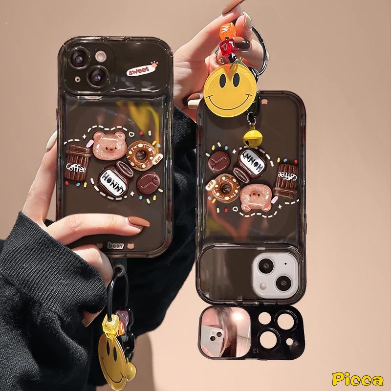 IPHONE Casing Cermin Make Up Flip Kreatif Kompatibel Untuk Iphone13 11 12 14 Pro Max7 8 14 Plus XR X XS MAX SE Kartun Lucu Mainan 3D Beruang Kopi Donat Casing Shockproof Soft Cover