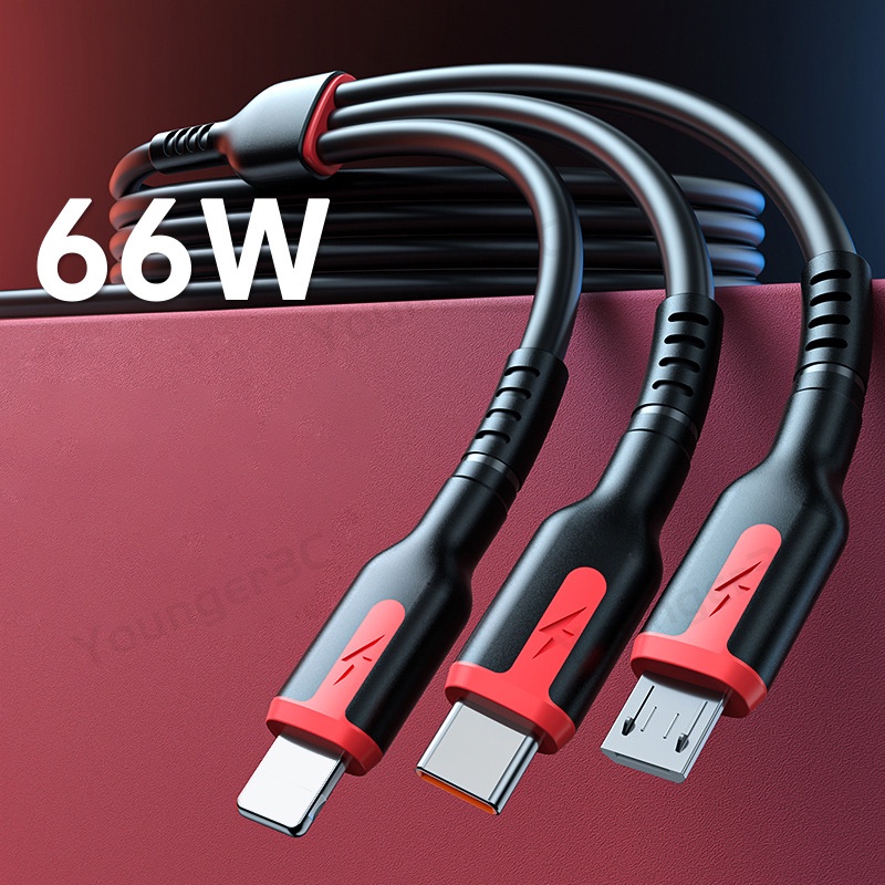 66w 3in1 Kabel Pengisian Cepat 6A Micro Usb Tipe C Kabel Charger Micro Usb Port Multiple Usb Charging Cord Aksesoris Ponsel