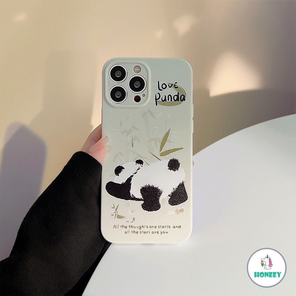 IPHONE Casing Ponsel Lukisan Minyak Bambu Hijau Panda Lucu Untuk Iphone14 13 12 11 Pro Max14 Plus Case Sweet Gloss Shockproof Soft Cover