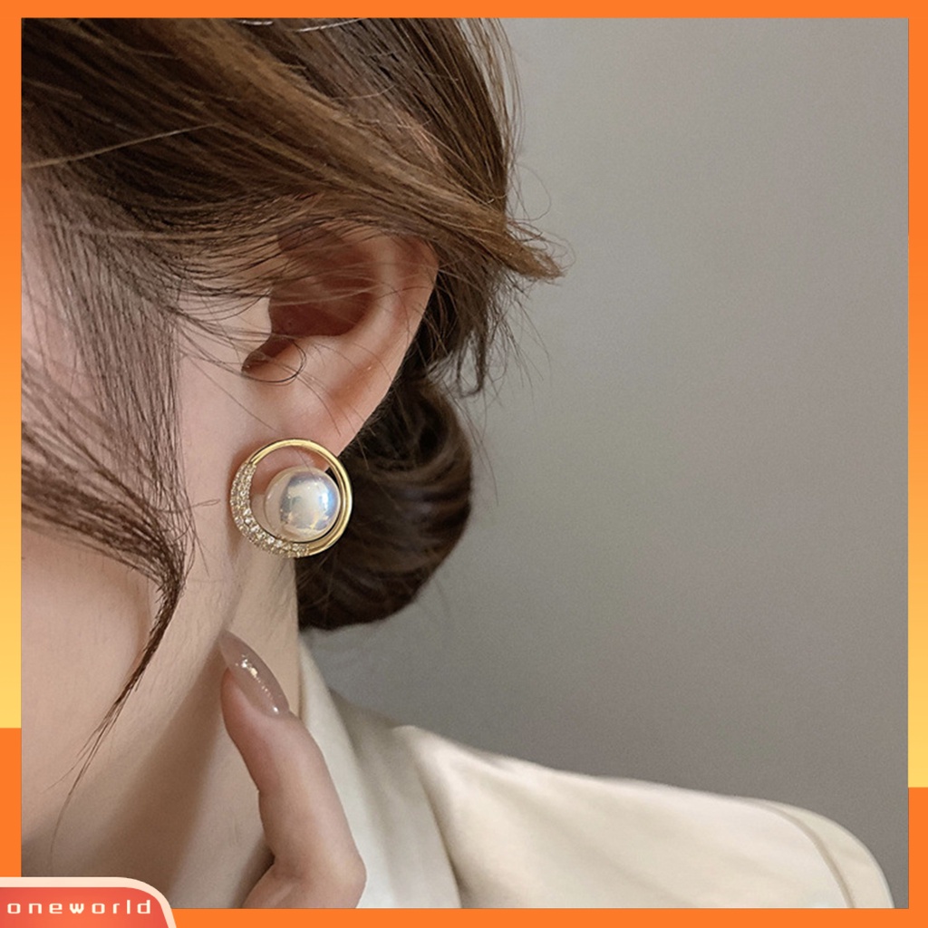 [EONE] 1pasang Anting Hoop Glitter Bulat Telinga Dekorasi Temperamen Elegan Mutiara Imitasi Berlian Imitasi Ear Studs Untuk Perjamuan