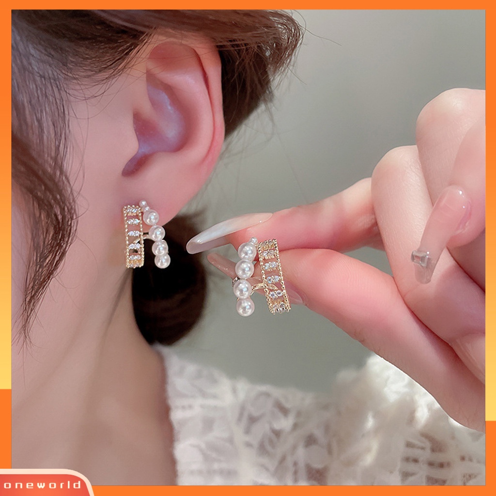 [EONE] 1pasang Anting Pejantan Hias Mutiara Imitasi Gaya Vintage Perancis Pengerjaan Halus Berdandan Elegan Cubic Zirconia Split Hoop Earrings Perhiasan Aksesori