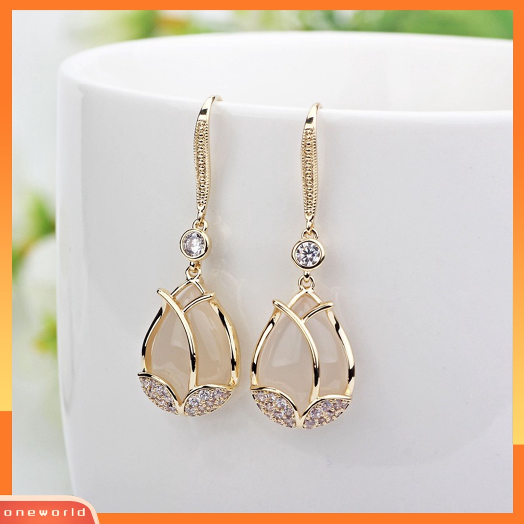 [EONE] 1pasang Liontin Anting Tulip Liontin Bersinar Berlian Imitasi Inlay Geometris High-end Dress Up Hypoallergenic Mewah Wanita Cubic Zirconia Bunga Telinga Kait Perlengkapan Kostum