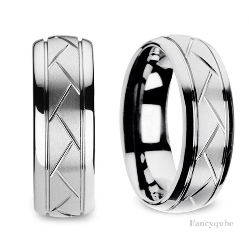 Domed Hitam Tungsten Cincin Permukaan Disikat Diagonal Kawin Band Mewah Pria Perhiasan Aksesoris