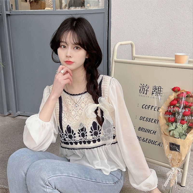 Red Puff sleeve chiffon shirt female design sense autumn new thin section knitted stitching French chic short top tide