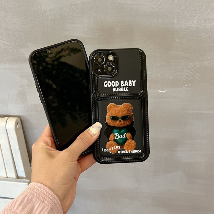 New Imitation Cream Bag TPU Case for iPhone 12 13 14 Pro Max Black Soft Silicone Case for Women Girl's Fashion Cool Black sunglasses Rabbit Bear Couple