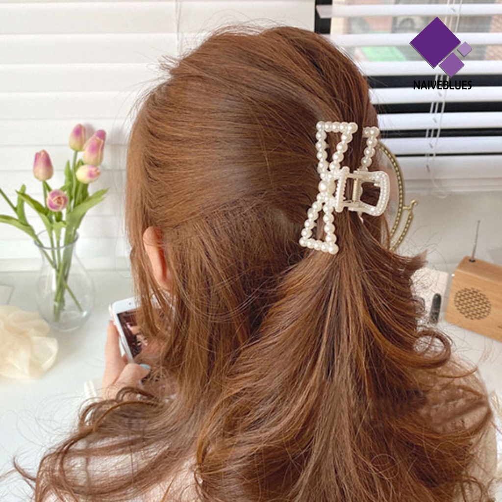 &lt; Naiveblues &gt; Hair Claw Aksesoris Rambut Elegan Mutiara Imitasi Holder Rahang Besar Untuk Styling Rambut