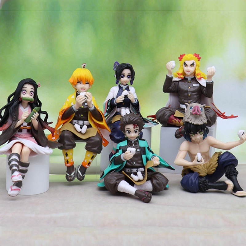 Anime Demon Slayer Duduk Makan Nasi Figure Kamado Tanjirou Sushi Nezuko Tokitou Muichirou Patung Boneka Mainan Anak Perempuan Laki-Laki Dekorasi