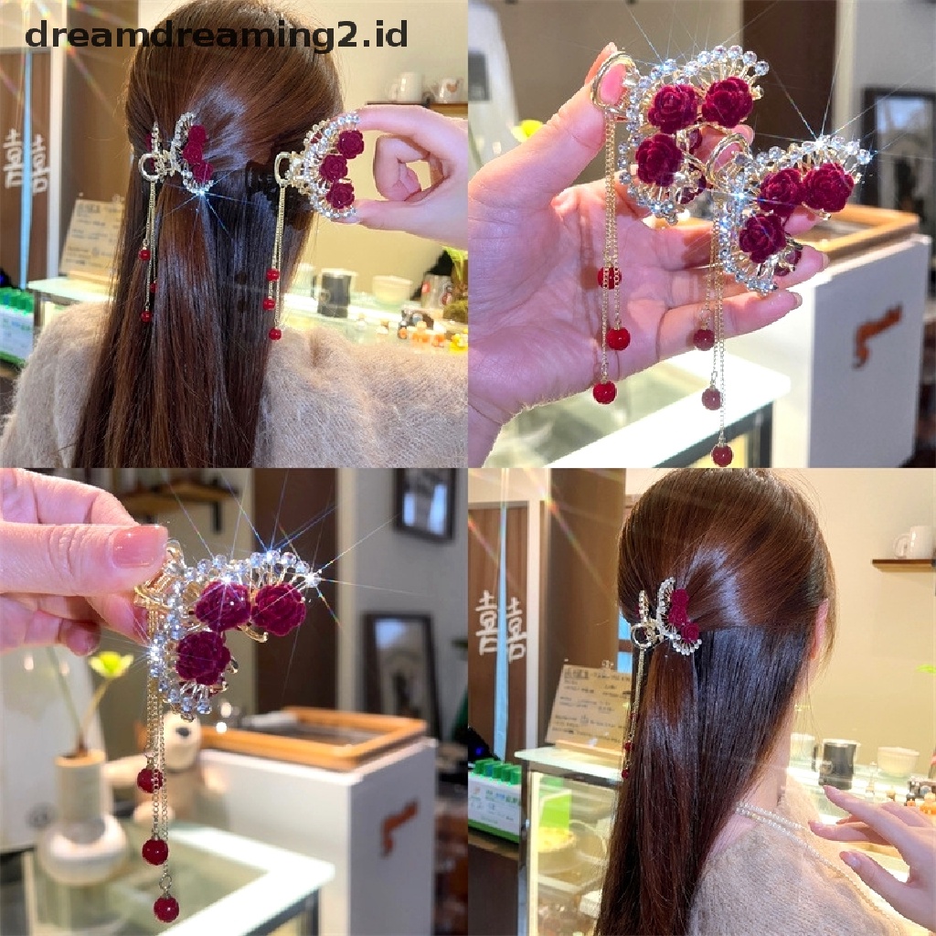 (dream) 1pc Pearl Rose Jepit Rambut Pearl Tassel Hair Clip Woman Hair Claw Perhiasan Aksesoris Rambut Hiasan Kepala Peri//