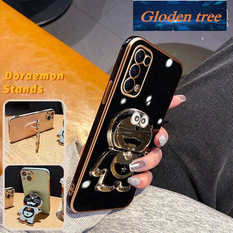 Gloden tree Casing Untuk OPPO Reno 5 4G Reno 5 5G Reno 5 Pro Case Fashion Kartun Doraemon Lipat Stand Phone Case Electroplating Shockproof Phone Holder Case