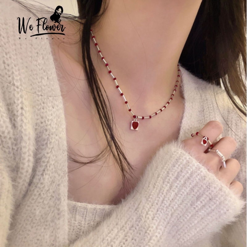 Kami Bunga Retro Y2K Gaya Merah Hati Manik-Manik Akrilik Rantai Kalung Untuk Wanita Gadis Keren Manis Rantai Tulang Selangka Kalung Pendek Perhiasan Aksesoris