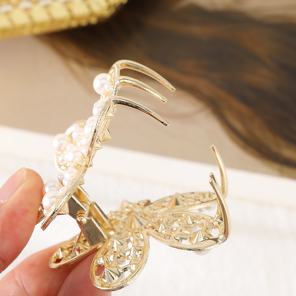 Fashion Logam Bunga Jepit Rambut Hair Claw Mutiara Berlian Imitasi Rambut Klip Wanita Aksesoris Rambut