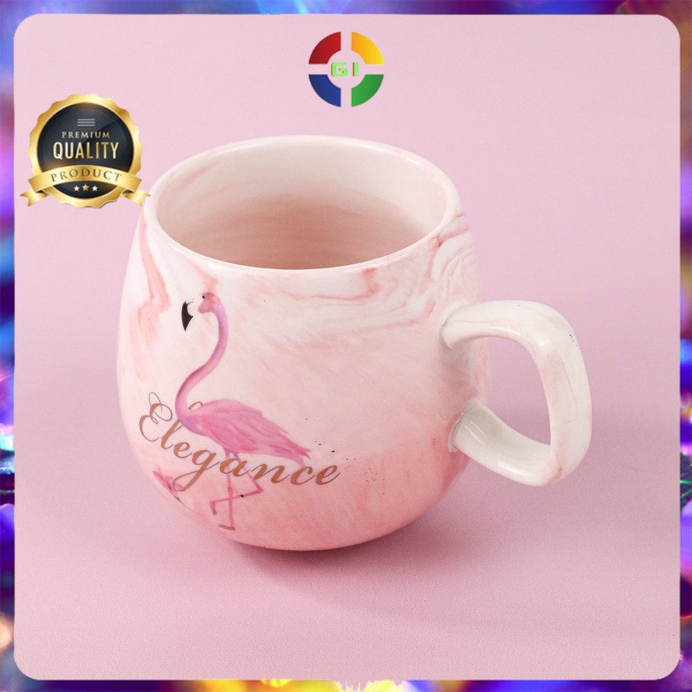 Gelas Cangkir Kopi Keramik Glass Coffee Mug Desain Flamingo 320ml Pink