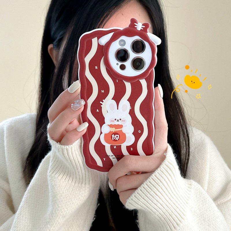 【Lamb Style】Red Wave Bunny Soft TPU Case HP iP iPhone 11 12 13 14 Pro Max 7 8 + Plus SE 2020 X XS XR Max Girl Woman FTD Casing Apple