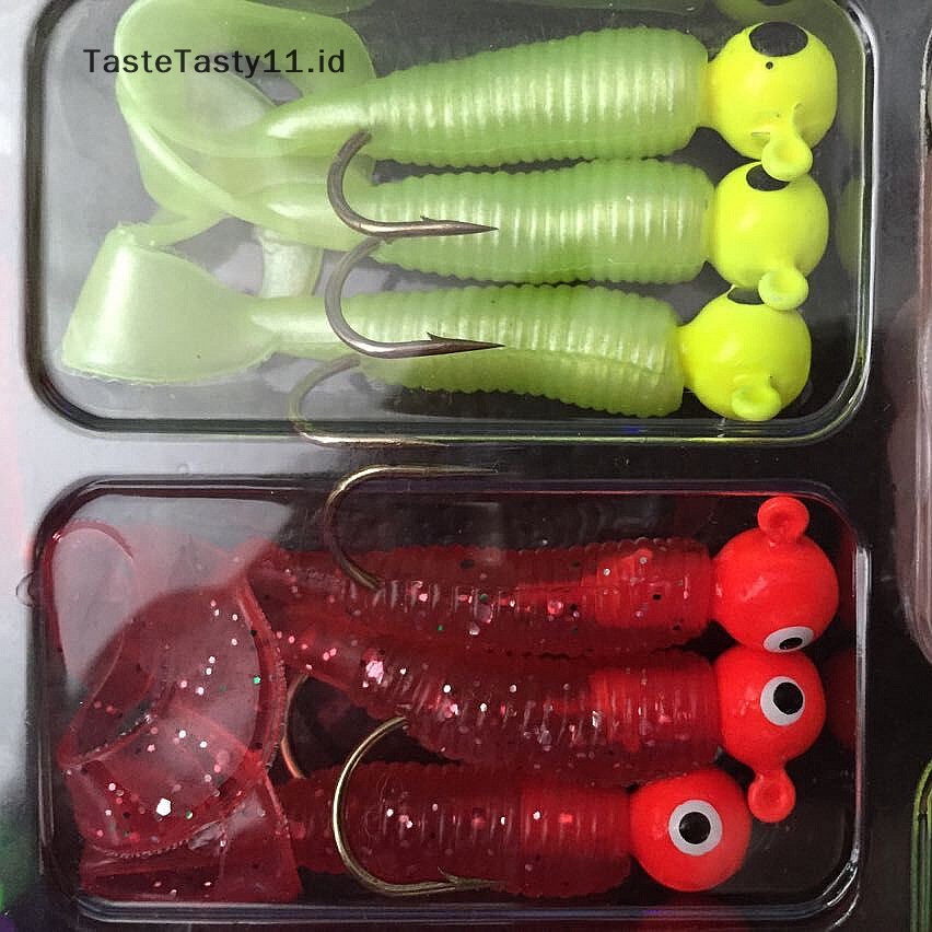 Tastetasty Set Umpan Pancing Jig Lead Head Hooks Cacing Lembut Grub Umpan Ekor Tunggal Isi 17Pcs.