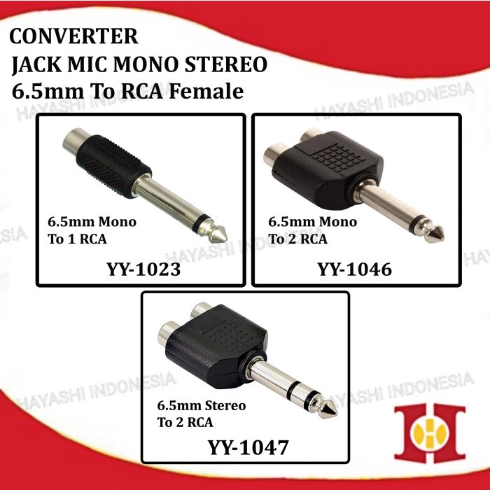 Converter Jack Akai Mono Stereo 6.5mm To RCA Sambungan Jek Mic Gitar - 10pcs