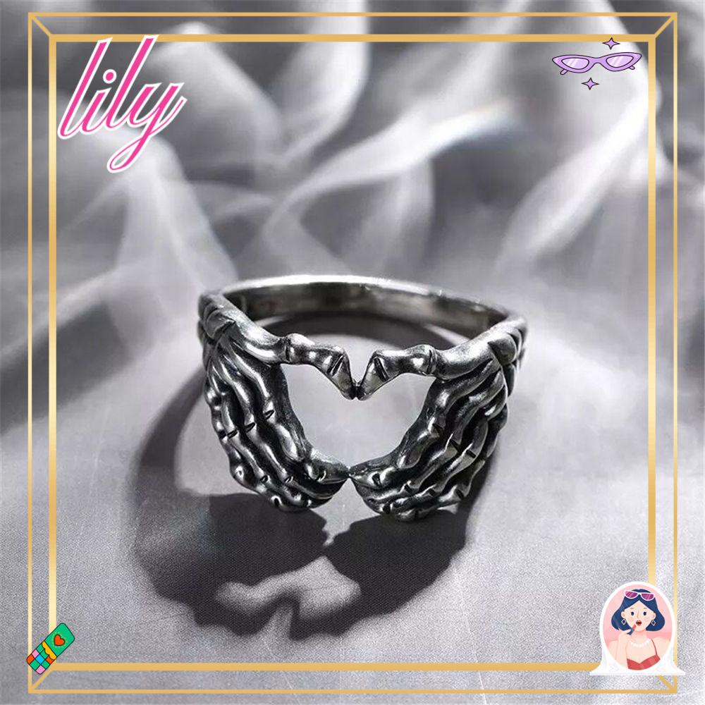 Lily Skull Hand with Heart Rings Skeleton Tangan Tulang Biker Rings