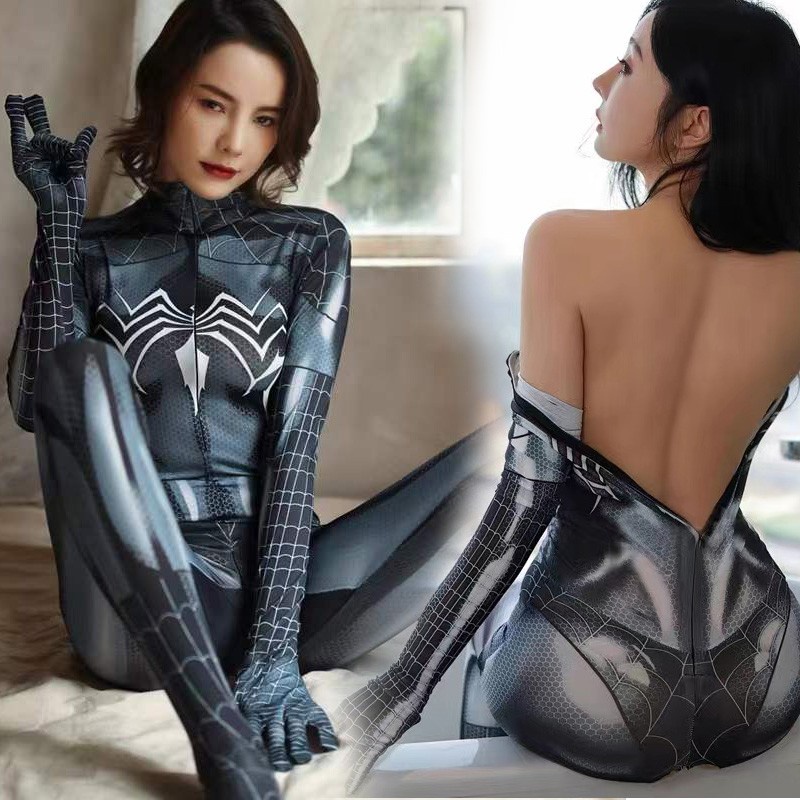 ELC Kostum Cosplay Black Spiderman bodysuit kostum wanita dewasa