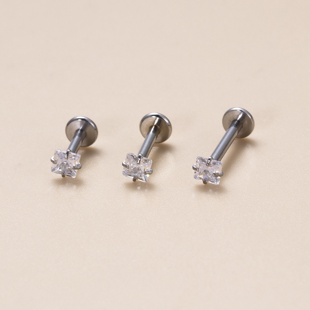 1biji 16Gauge Labret Stud Bibir Helix Tragus Perhiasan Tindik Tubuh Stainless Steel Zirkon Bulat Hati Bintang Bentuk Persegi