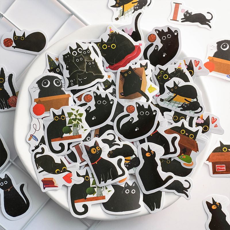 46pcs Kartun Kemas Mr. Set Stiker Seri Kucing Hitam Kreatif Scrapbook Deco DIY Decals