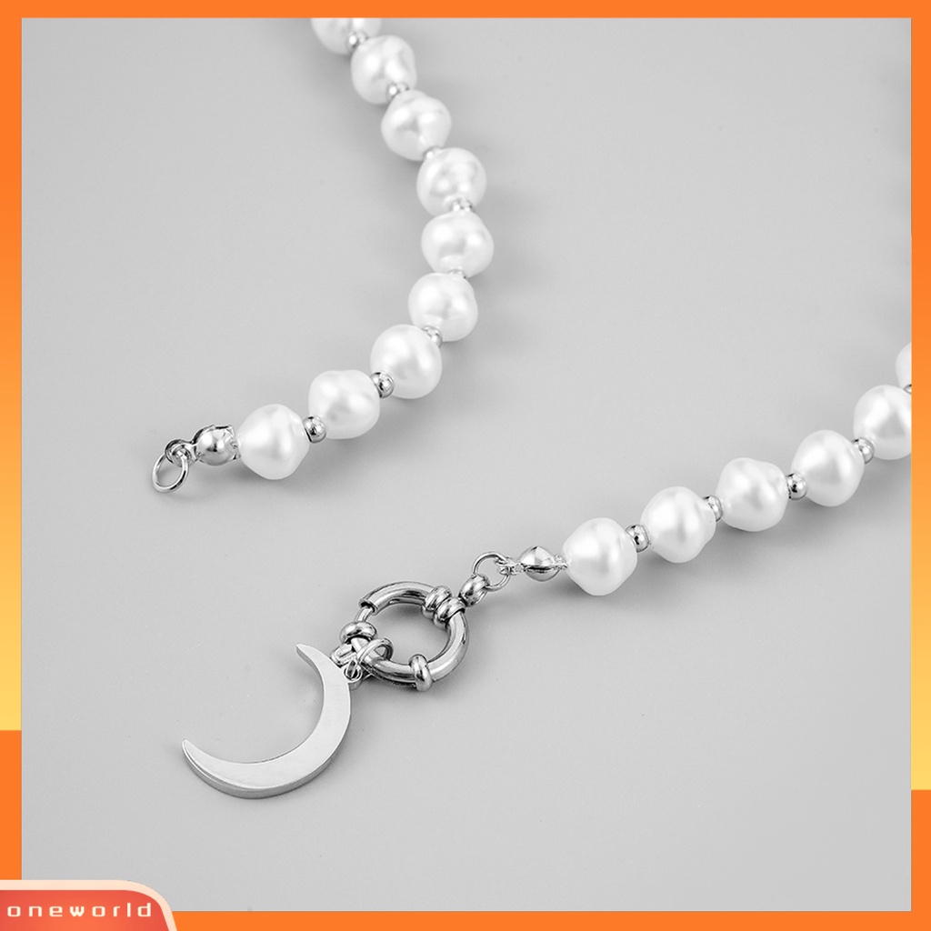 [EONE] Pria Kalung Klasik Mutiara Imitasi Hip Hop Geometris Electroplating Hias Stainless Steel Laki-Laki Bulan Liontin Kalung Fashion Perhiasan Untuk Pakaian Sehari-Hari