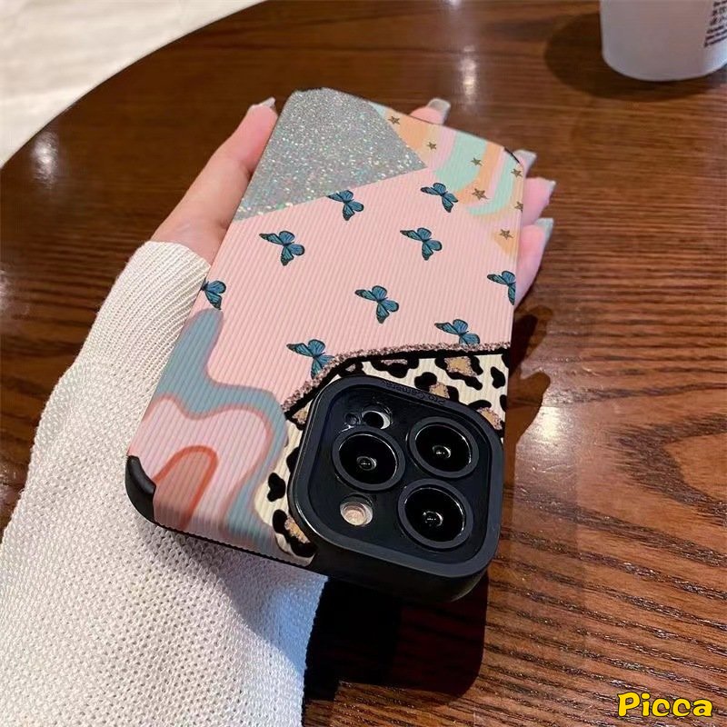 IPHONE Retro Kupu-Kupu Leopard Bling Jahitan Kontras Casing Ponsel Kompatibel Untuk Iphone11Xr 78 Plus 11 12 13 14 Pro MAX X XS MAX 7Plus Tekstur Kulit Mewah Shockproof Soft Tpu Cover