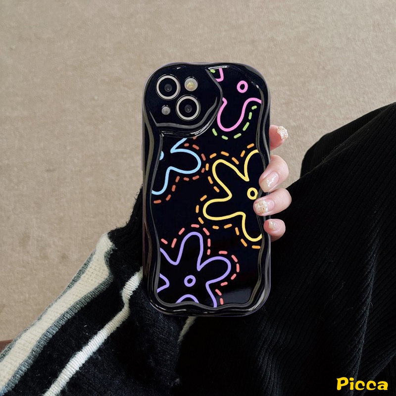 Fashion Garis Sederhana Bunga Shockproof Glossy Phone Case Kompatibel Untuk iPhone 11 Pro Max XR X14 12 13 Pro Max7 8 6s 6 Plus XS Max SE 2020 3D Wavy Curved Edge Soft Flowers Cover