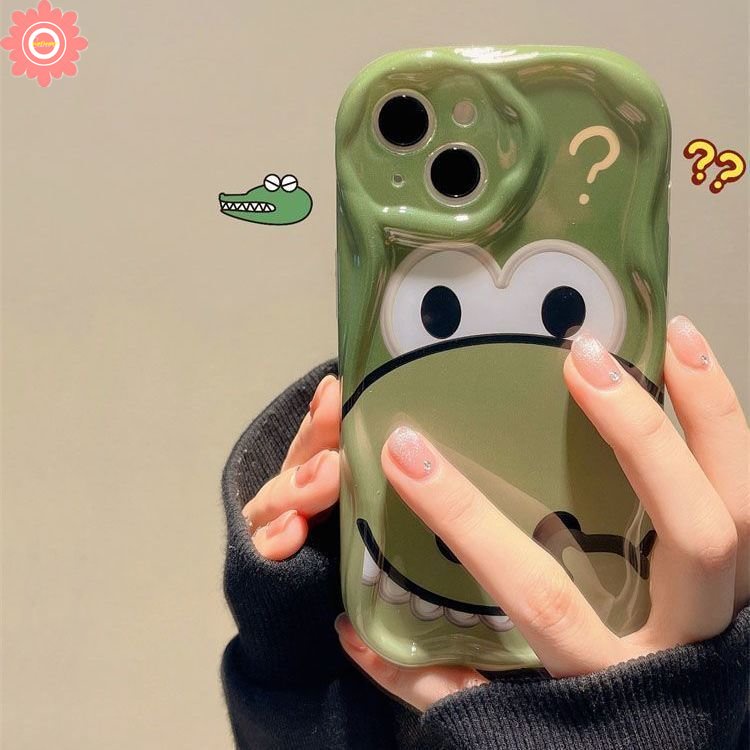 IPHONE 3d Wavy Curved Edge Cartoon Cute Little Dinosaur Phone Case Kompatibel Untuk Iphone11Xr X7 8 6s 6plus12 13 14 Pro Max XS Max SE 2020 Shockproof Glossy Tpu Soft Cover