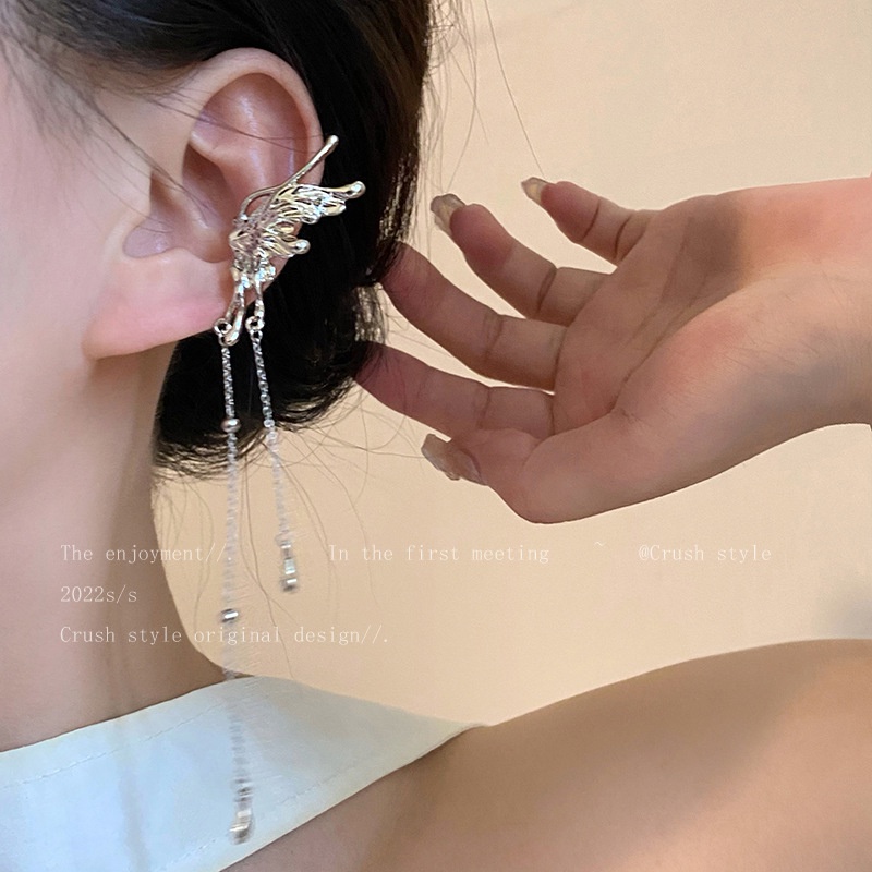 Lucu Peri Kupu-Kupu Rumbai Klip Telinga Korea Fashion Sayap Malaikat Tanpa Tindik Manset Telinga Logam Perak Butterfly Ear Clips Untuk Wanita
