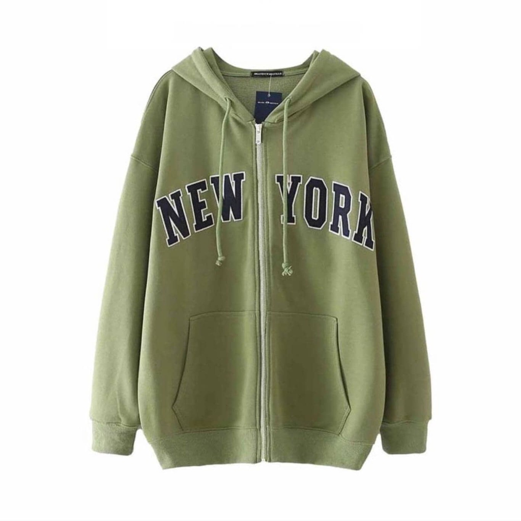 [ COD ] New York Zipper Hoodie Outerwear Fit XL Besar Oversize Sweater Unisex Wanita Pria Cowok Matt Fleece Tebal