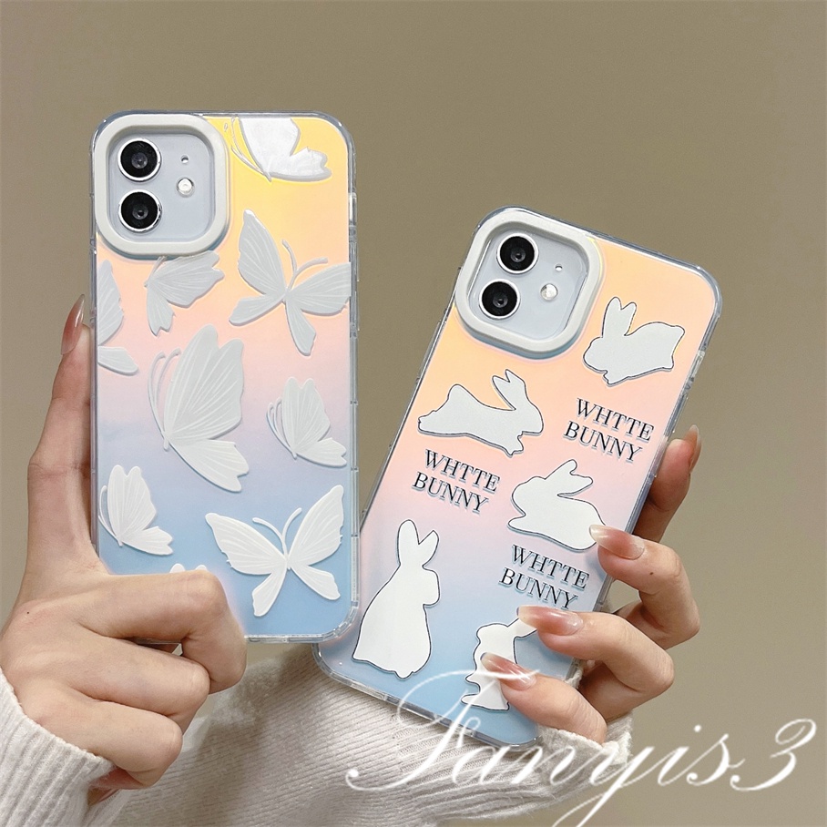 Compatible For IPhone 14 13 12 11 Pro Max X XR Xs Max 8 7 Plus SE 2020 Kompatibel Untuk White Rabbit Butterfly IMD Laser Gradient Phone Case TPU Lembut Shockproof Cover Pelindung