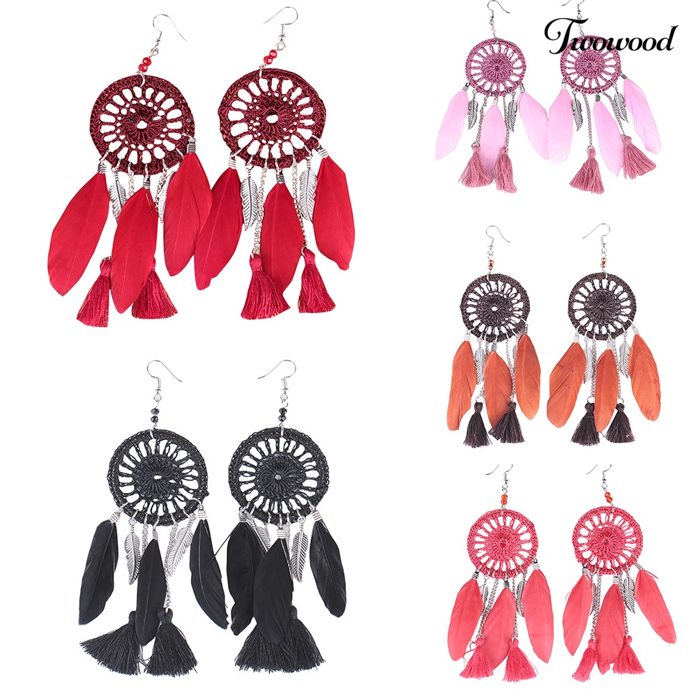 Twowood Ethnic Dream Catcher Rumbai Statement Hook Anting Juntai Panjang Wanita Perhiasan