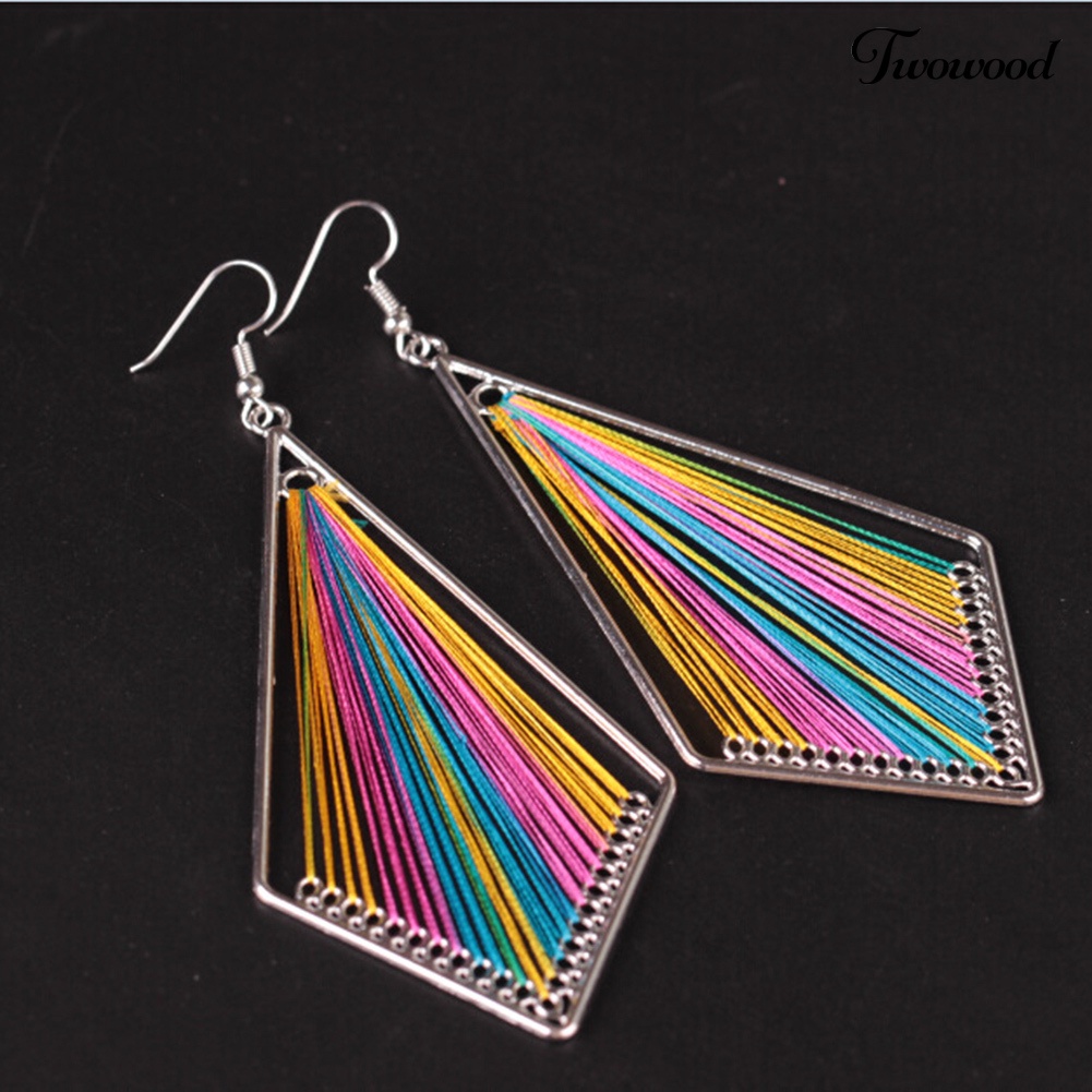 Twowood Bohemian Wanita Multicolor Sutra Geometris Tetesan Air Kait Anting Perhiasan Hadiah