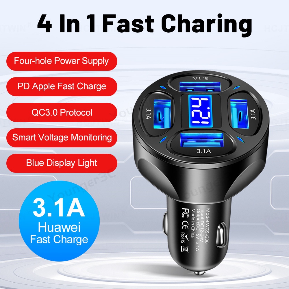 3.1a 4in1 Digital Display Charging Travel Adapter 4-Port Charger Dengan Tegangan 4USB Travel Adoptor Untuk i-phone Tipe C Android Micro