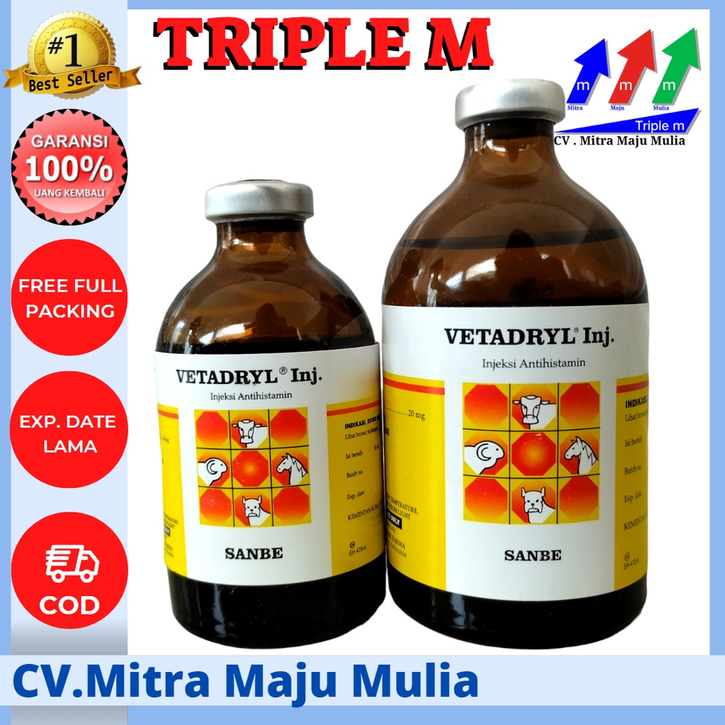 Vetadryl Injeksi 50 ml dan 100 ml Antihistamin Hewan Sapi Kuda dll PT Sanbe Farma