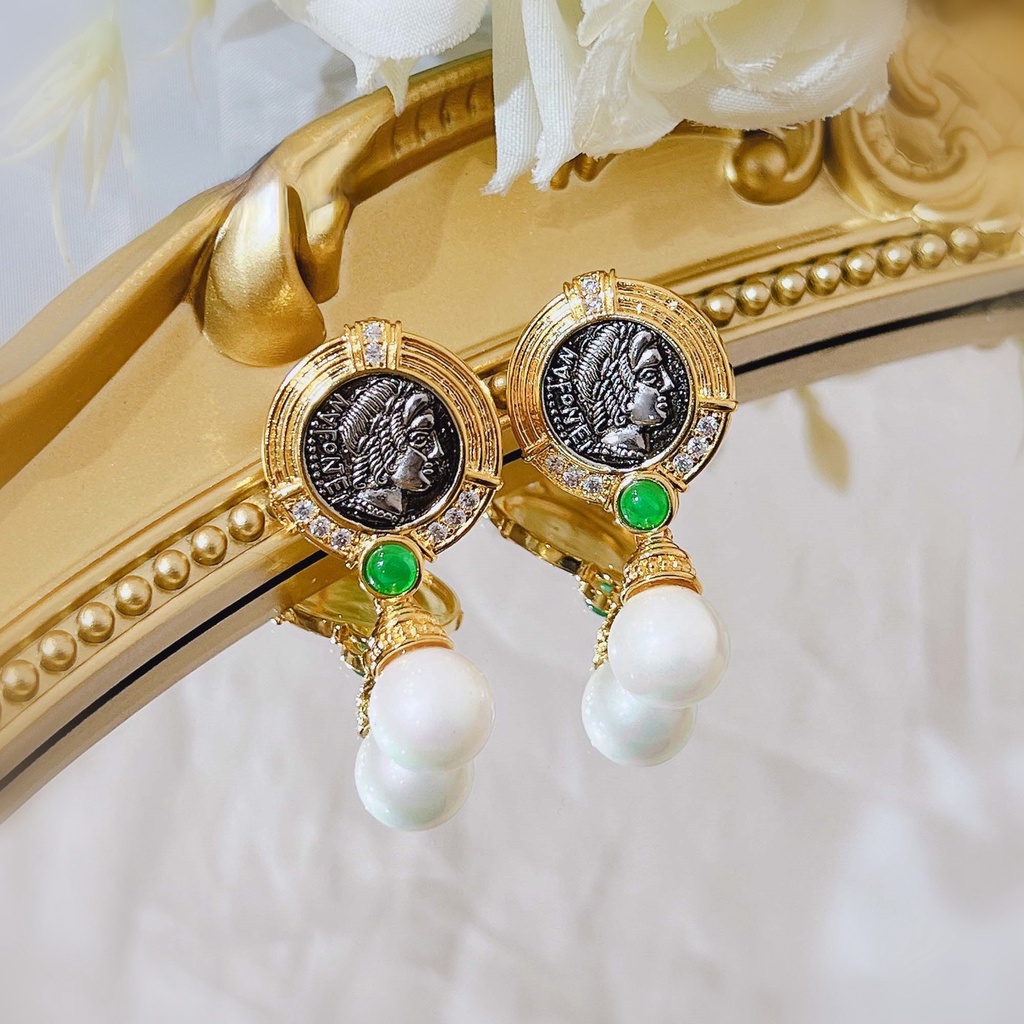 Goldkingdom Fashion Perhiasan Aksesoris Ready Stock French Vintage Figure Anting Mutiara Relief Wanita Dewa Matahari Apollo Coin Stud Earrings