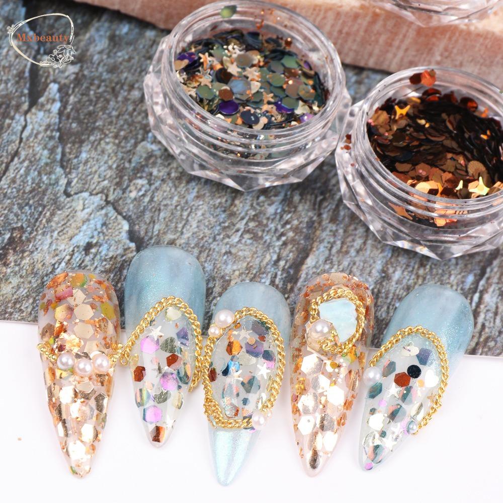 Mxbeauty Payet Kuku Wanita Gel Nail Charms Hexagons Hologram Glitter Nail Art Patch 3D Glitter Flakes Nail Glitter Flakes