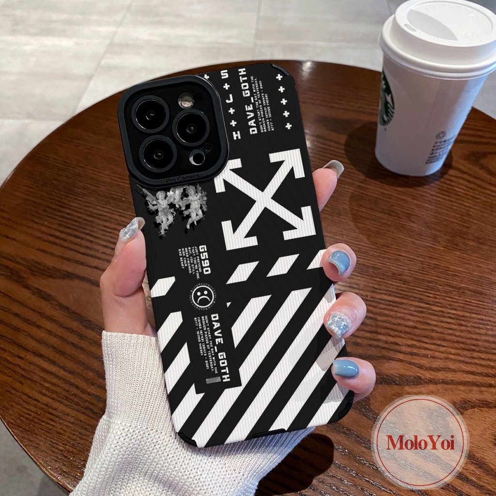 Case Stiker Tekstur Pola Splicing Kisi Kreatif Kompatibel Untuk IPhone XR XS X Max 7Plus 11 14 13 12 Pro Max7 8 Plus Kulit Mewah Merek Trendi O.F.F-W.h.i.t.e Soft Cover