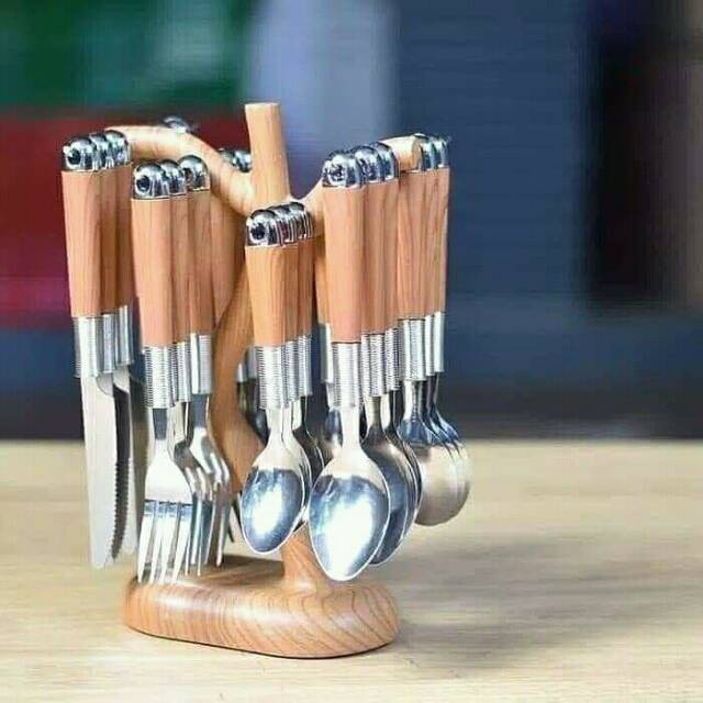 Sendok Set Garpu Makan CASPIAN Bentuk Pohon Motif Kayu Isi 24Pcs