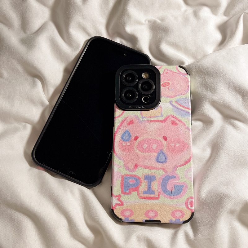 Soft sheepskin Leather Case IPhone 6S 7 8 Plus SE 2020 X XR XS Max 11 12 13 14 Pro Max 14 Plus Camera Protect for Girl women Cute Pig Rabbit Pink