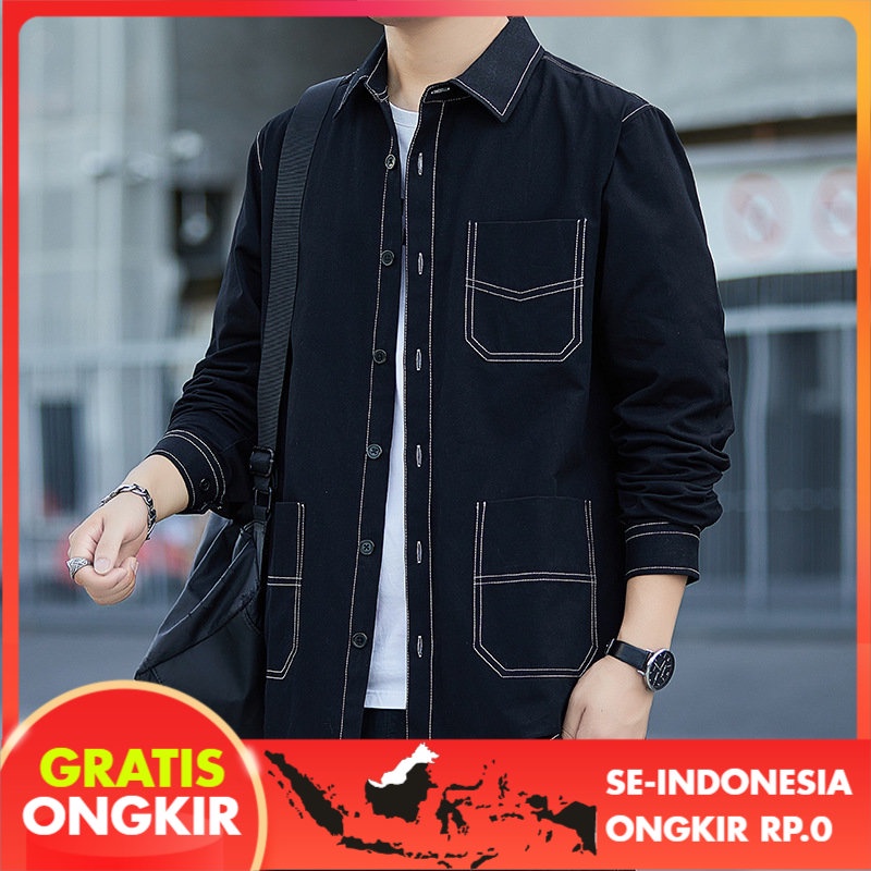 Kemeja Pria Kaus Katun Murni Pria| Baju Lengan Panjang Kasual Warna Solid| Kaus Katun Murni Slim-Fit