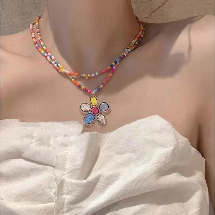 Roselife Korea Musim Panas Vintage Double Layer Warna-Warni Manik-Manik Rantai Kupu-Kupu Bunga Matahari Liontin Kalung Untuk Wanita Gadis Fashion Rainbow Butterfly Floral Necklaces Liburan Perhiasan