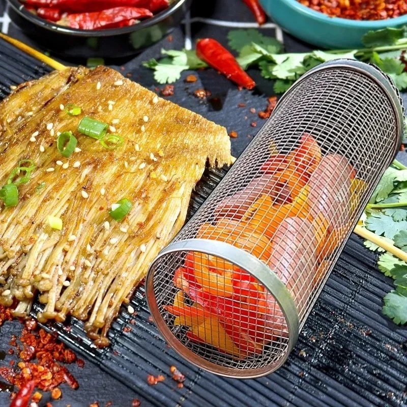 Round BBQ Mesh Barrel with Handle Portable Irit Alat Masak Stainless Steel Makanan Memanggang Keranjang Tahan Panas Panggang Rolling Cylinder