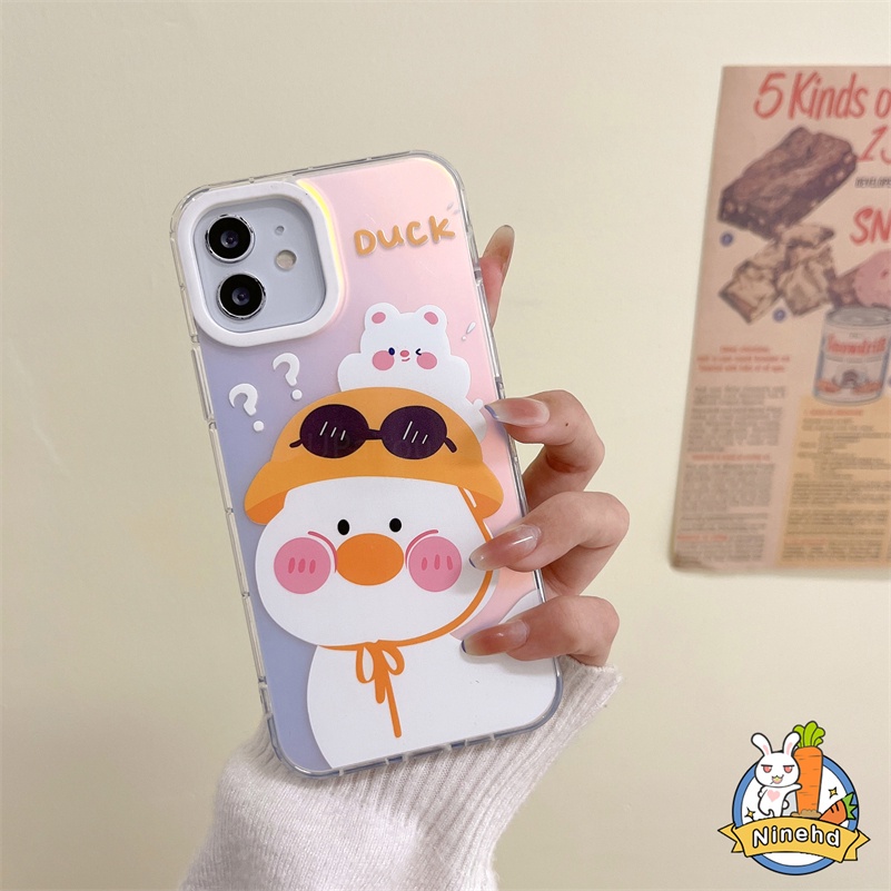 Casing Kompatibel untuk iPhone 14 13 12 11 Pro Max X Xr Xs Max 8 7 Plus SE 2020 Pola Bebek Lucu Bingkai Ponsel Karet Lembut Bingkai Laser Tombol Bening Tahan Guncangan Penutup Belakang TPU Lembut